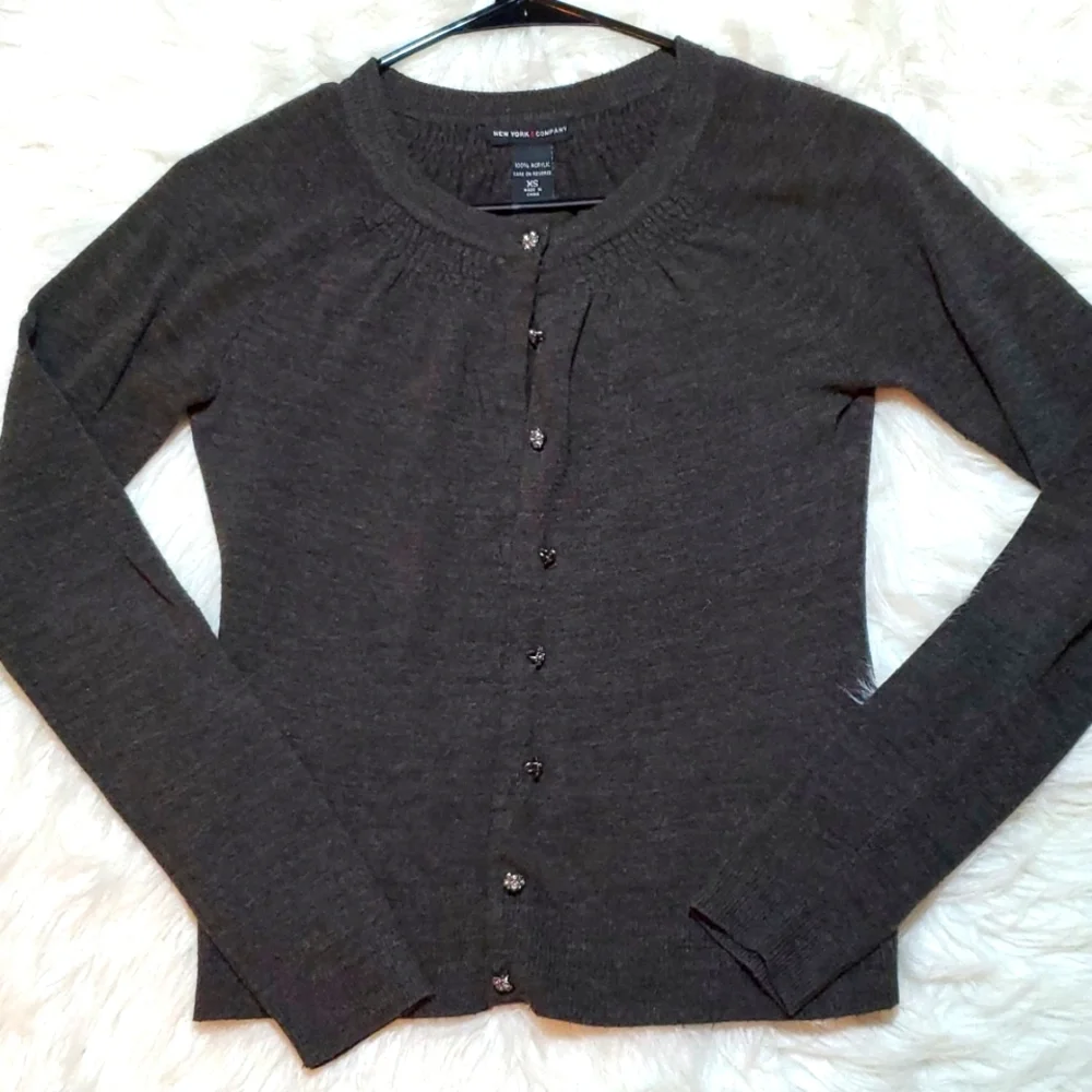 New York & Company taupe brown gray cardigan sweater button down sparkle buttons